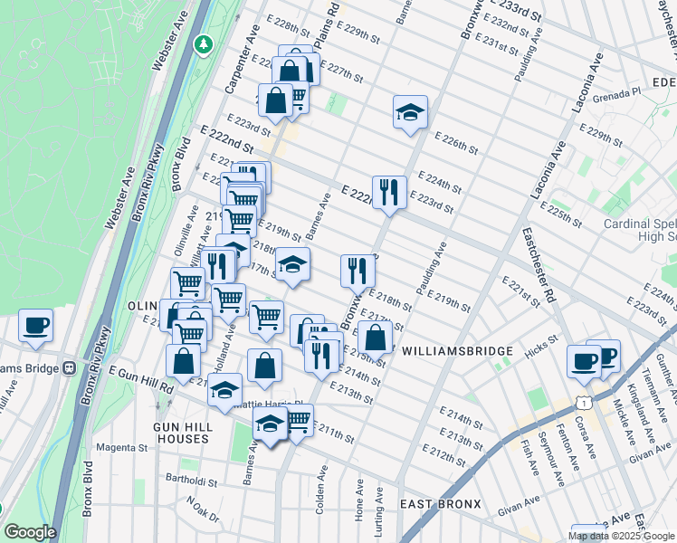 map of restaurants, bars, coffee shops, grocery stores, and more near 854 East 218th Street in The Bronx