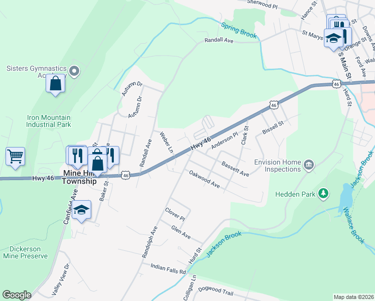 map of restaurants, bars, coffee shops, grocery stores, and more near 2 Hillside Avenue in Mine Hill Township