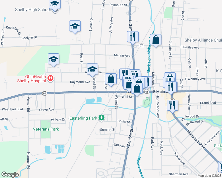 map of restaurants, bars, coffee shops, grocery stores, and more near 108 W Main St in Shelby