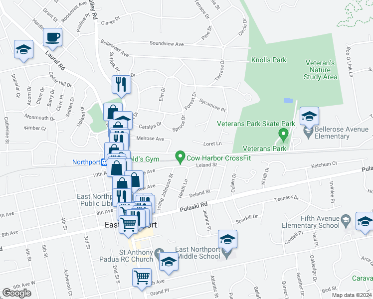 map of restaurants, bars, coffee shops, grocery stores, and more near 215 Bellerose Avenue in East Northport