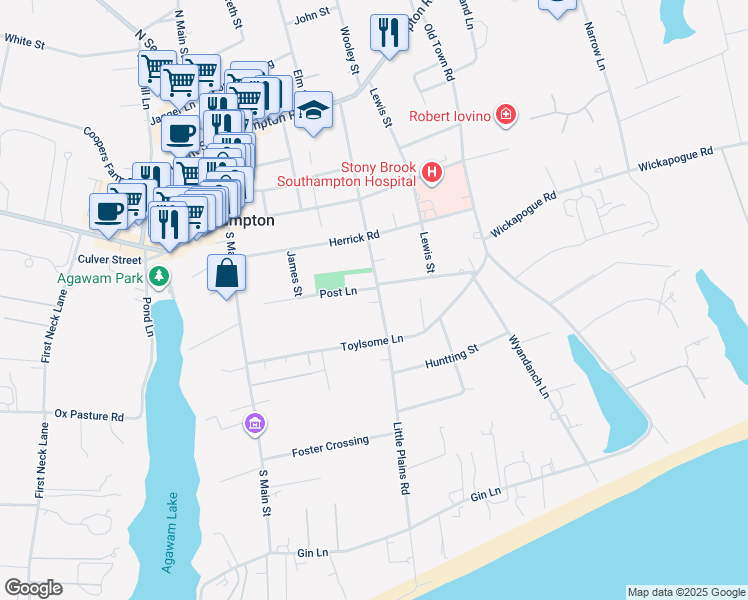 map of restaurants, bars, coffee shops, grocery stores, and more near 233 Little Plains Road in Southampton