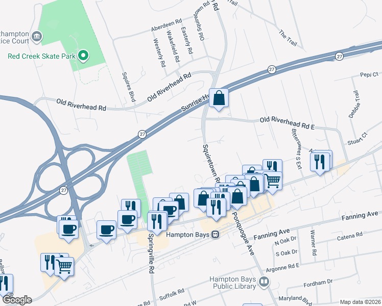 map of restaurants, bars, coffee shops, grocery stores, and more near 27 Squiretown Road in Hampton Bays