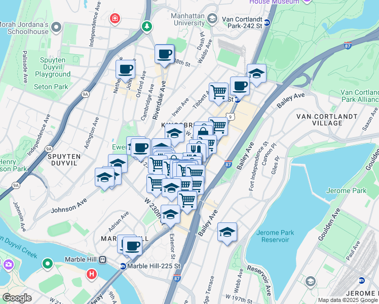map of restaurants, bars, coffee shops, grocery stores, and more near 3220 Kingsbridge Avenue in Bronx
