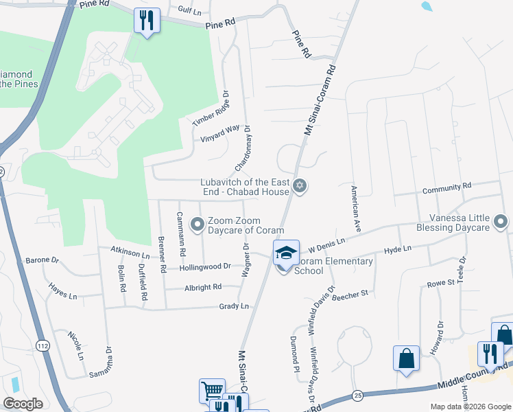 map of restaurants, bars, coffee shops, grocery stores, and more near 74 Mount Sinai-Coram Road in Coram