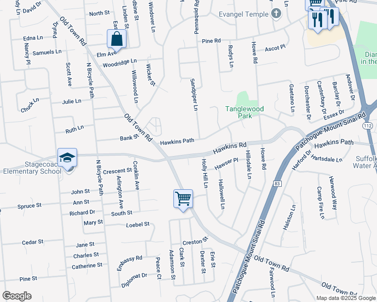 map of restaurants, bars, coffee shops, grocery stores, and more near 656 Hawkins Road East in Coram