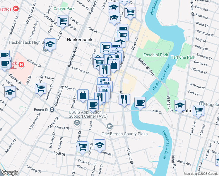 map of restaurants, bars, coffee shops, grocery stores, and more near 89 Old River Street in Hackensack