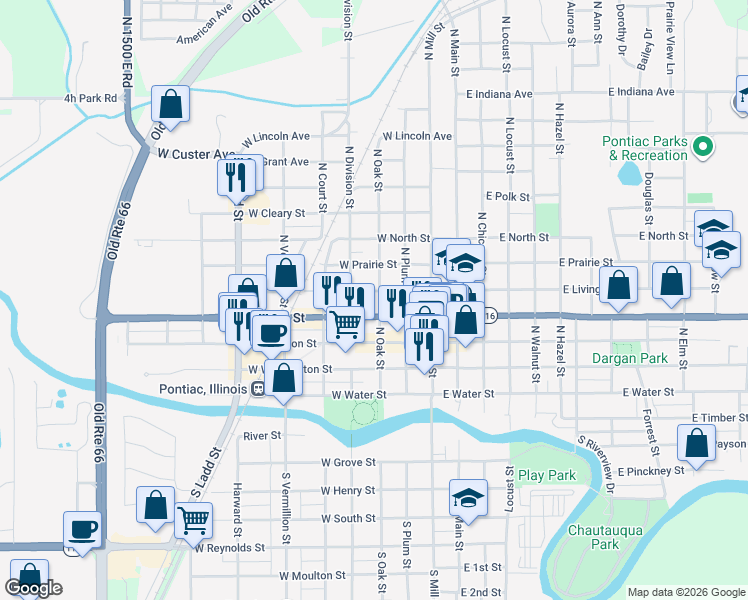map of restaurants, bars, coffee shops, grocery stores, and more near 320 North Oak Street in Pontiac