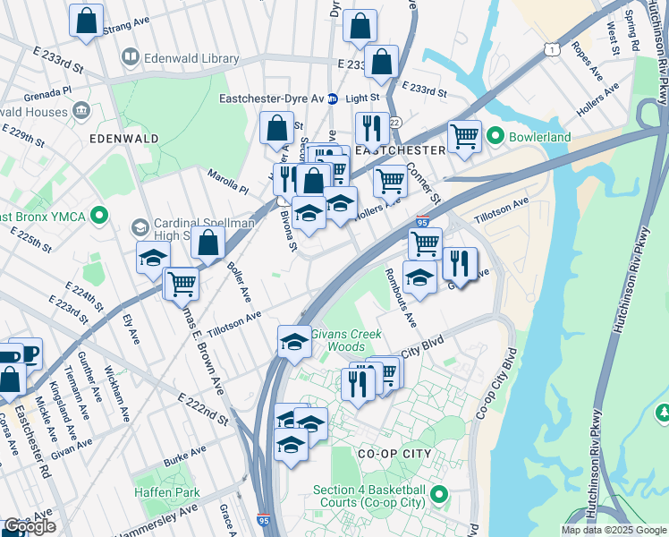 map of restaurants, bars, coffee shops, grocery stores, and more near 2173 New England Thru in Bronx