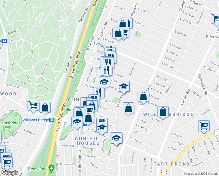 map of restaurants, bars, coffee shops, grocery stores, and more near 722 East 216th Street in Bronx