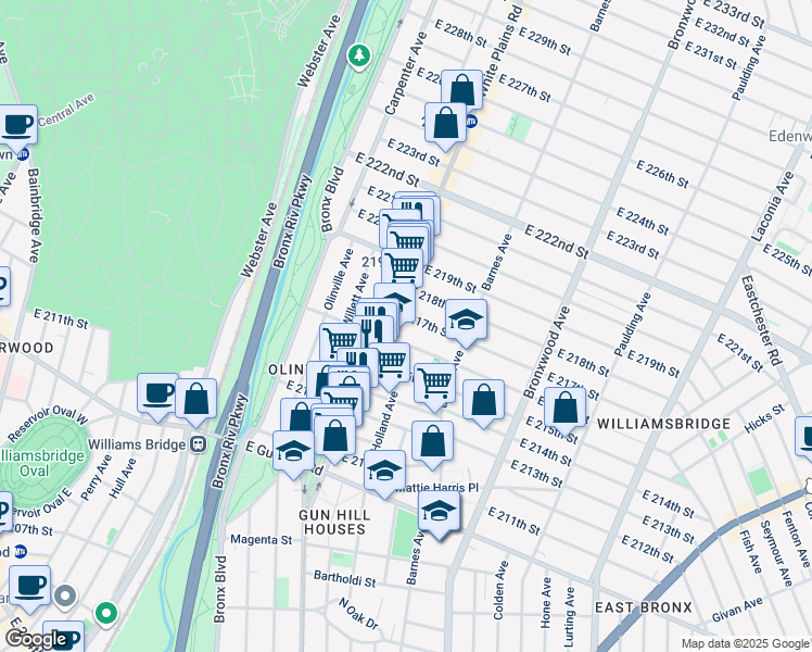 map of restaurants, bars, coffee shops, grocery stores, and more near 722 East 216th Street in Bronx
