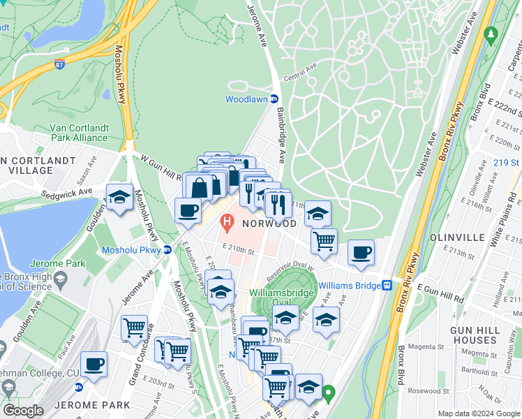 map of restaurants, bars, coffee shops, grocery stores, and more near 3457 Bainbridge Avenue in The Bronx