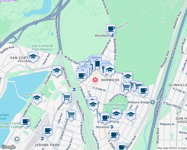 map of restaurants, bars, coffee shops, grocery stores, and more near 111 East 210th Street in The Bronx