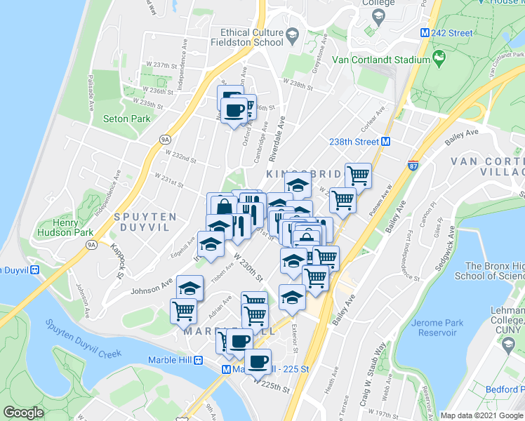map of restaurants, bars, coffee shops, grocery stores, and more near 295 West 231st Street in Bronx