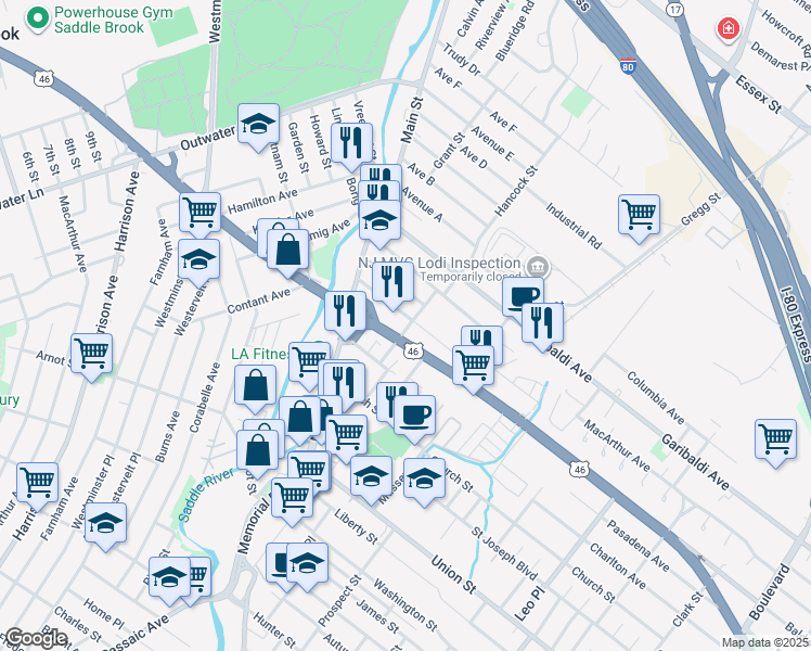 map of restaurants, bars, coffee shops, grocery stores, and more near 61 Money Street in Lodi