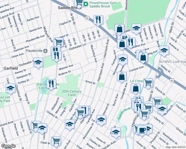 map of restaurants, bars, coffee shops, grocery stores, and more near 441 Harrison Avenue in Garfield