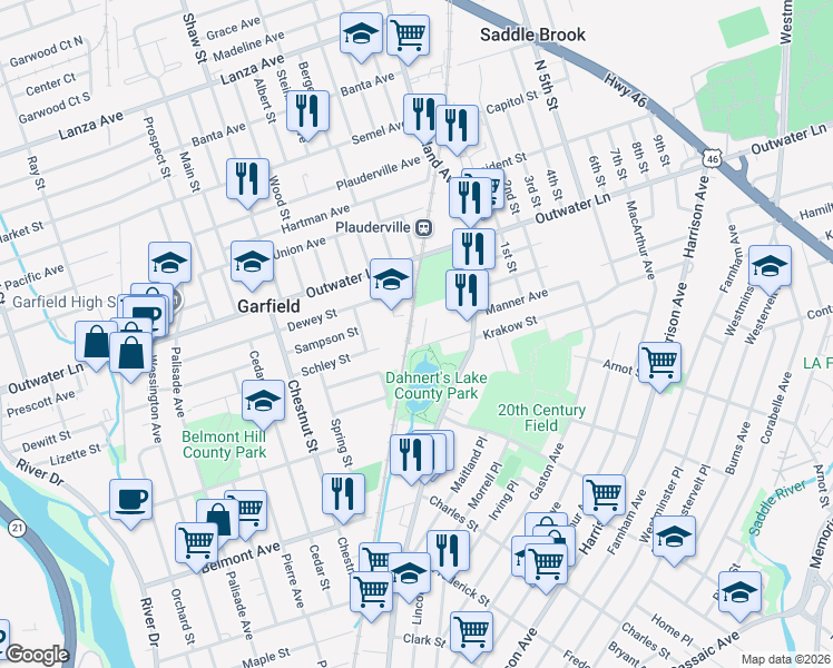 map of restaurants, bars, coffee shops, grocery stores, and more near 3 Dahnert Park Lane in Garfield