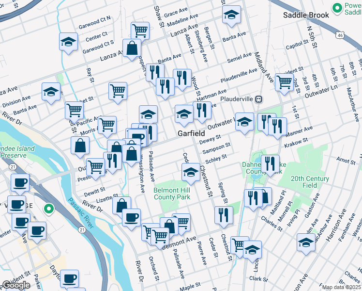 map of restaurants, bars, coffee shops, grocery stores, and more near 210 Cedar Street in Garfield