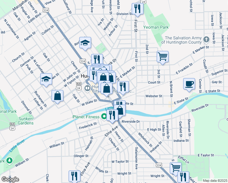 map of restaurants, bars, coffee shops, grocery stores, and more near 200-298 N Jefferson St in Huntington