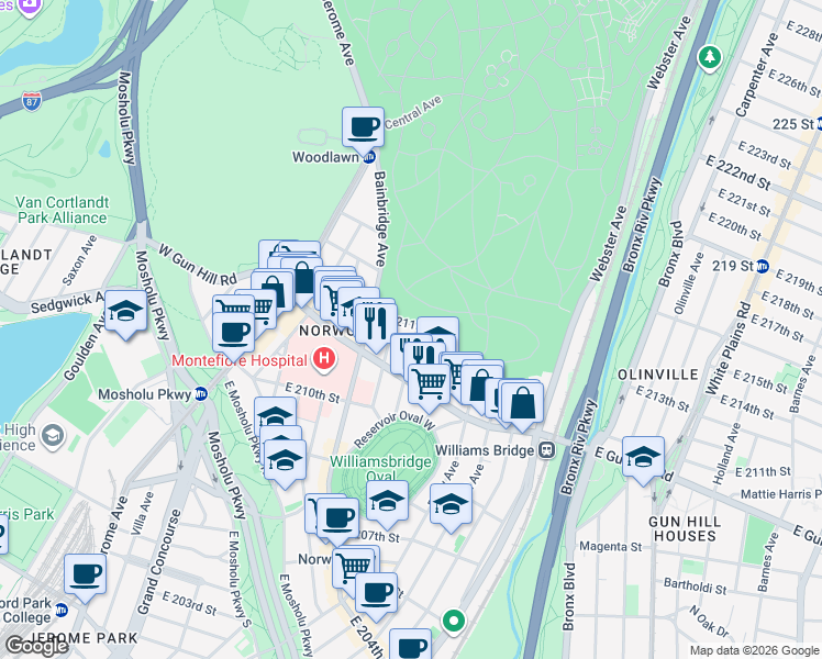 map of restaurants, bars, coffee shops, grocery stores, and more near 210 East 211th Street in The Bronx