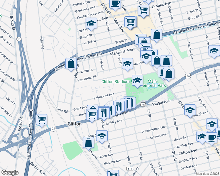 map of restaurants, bars, coffee shops, grocery stores, and more near 66 Fairmount Avenue in Clifton