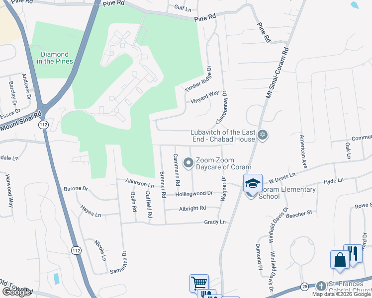 map of restaurants, bars, coffee shops, grocery stores, and more near 22 Halliday Road in Coram