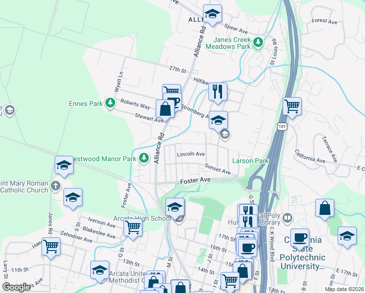 map of restaurants, bars, coffee shops, grocery stores, and more near 1285-1315 Lincoln Avenue in Arcata