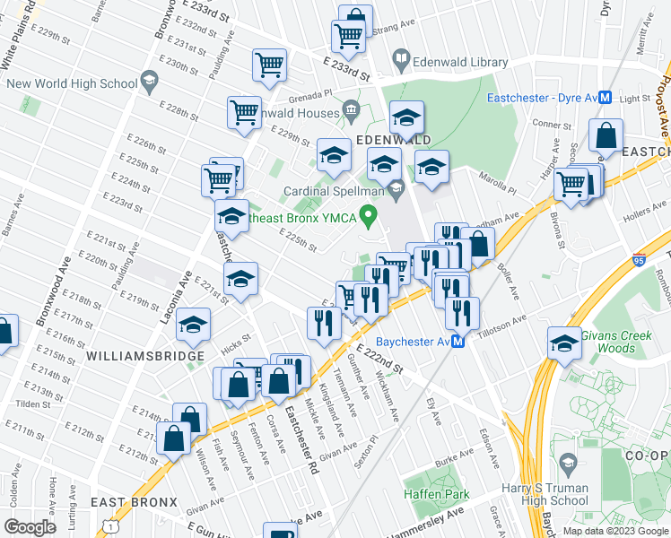 map of restaurants, bars, coffee shops, grocery stores, and more near 1301 East 224th Street in Bronx