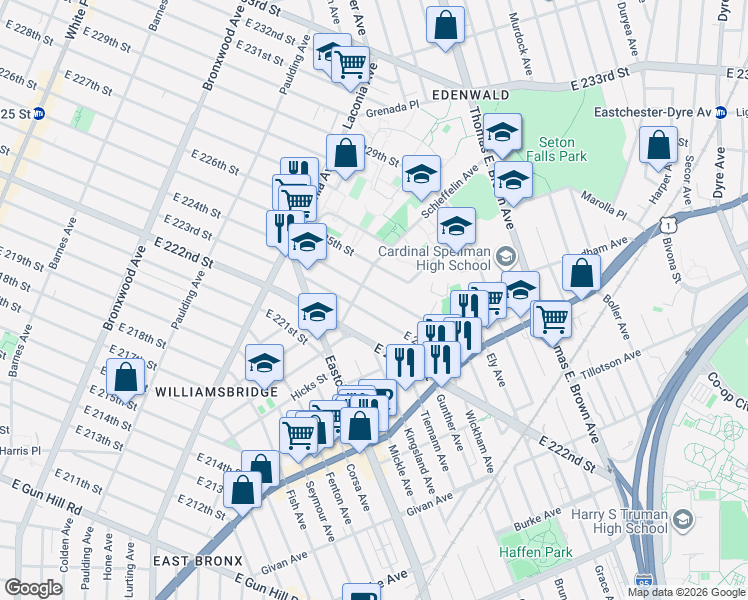 map of restaurants, bars, coffee shops, grocery stores, and more near 1187 East 224th Street in Bronx