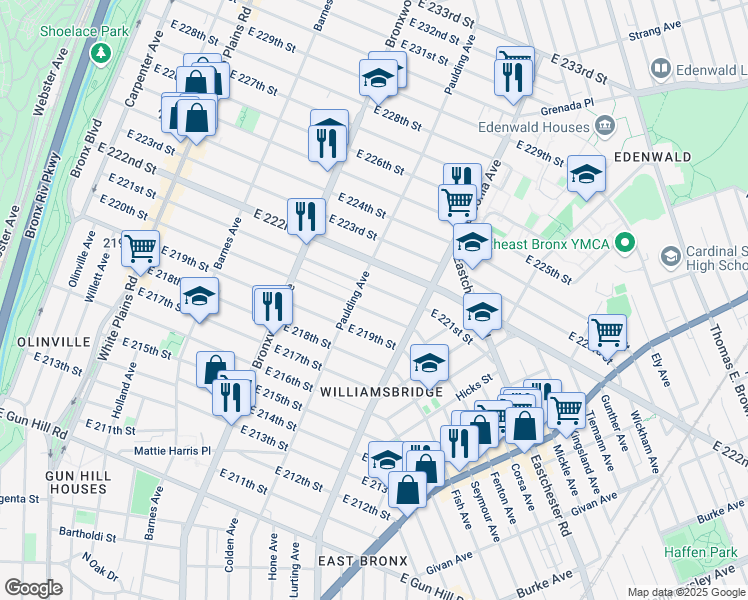 map of restaurants, bars, coffee shops, grocery stores, and more near 3830 Paulding Avenue in Bronx