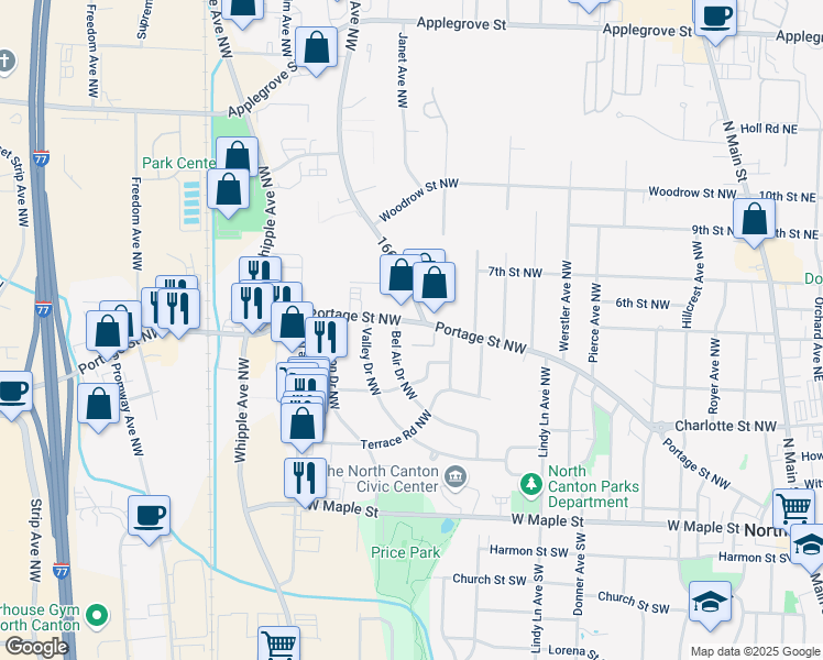 map of restaurants, bars, coffee shops, grocery stores, and more near 1340 Portage Street Northwest in North Canton