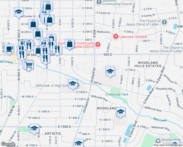 map of restaurants, bars, coffee shops, grocery stores, and more near 704 South Orchard Drive in Bountiful