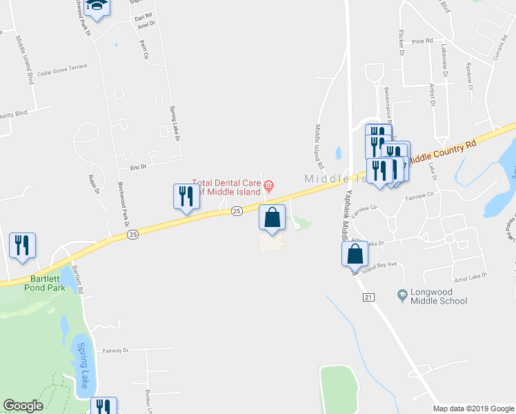 map of restaurants, bars, coffee shops, grocery stores, and more near Middle Country Road in Middle Island
