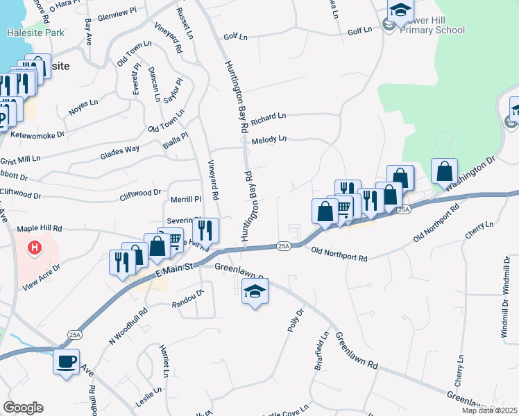 map of restaurants, bars, coffee shops, grocery stores, and more near 34 Huntington Bay Road in Huntington