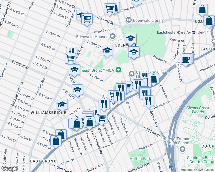 map of restaurants, bars, coffee shops, grocery stores, and more near in The Bronx