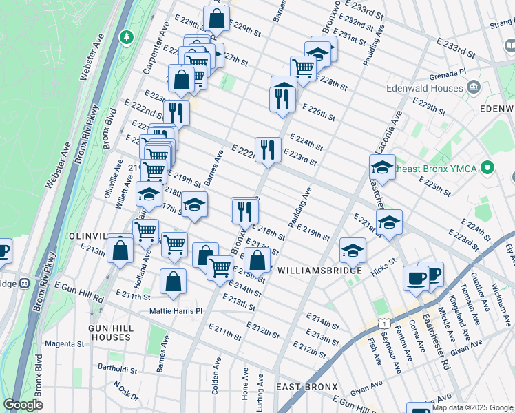 map of restaurants, bars, coffee shops, grocery stores, and more near in The Bronx