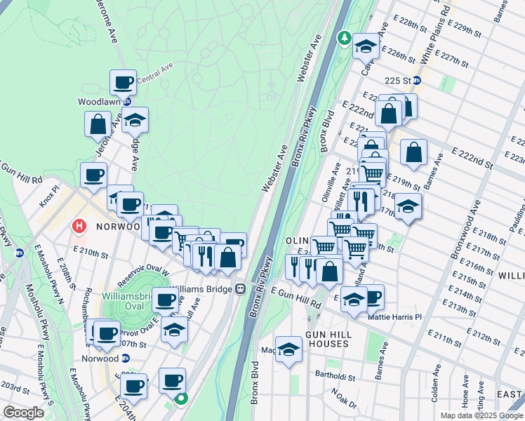 map of restaurants, bars, coffee shops, grocery stores, and more near 3620 Webster Avenue in Bronx