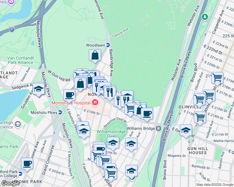 map of restaurants, bars, coffee shops, grocery stores, and more near 210 East 211th Street in The Bronx