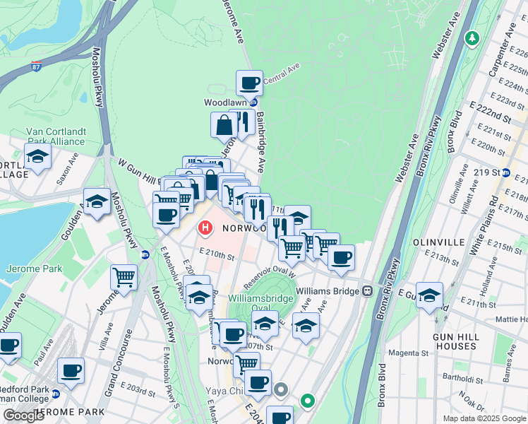 map of restaurants, bars, coffee shops, grocery stores, and more near 3555 Bainbridge Avenue in Bronx