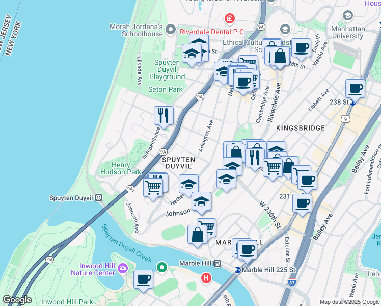 map of restaurants, bars, coffee shops, grocery stores, and more near 3050 Fairfield Avenue in Bronx