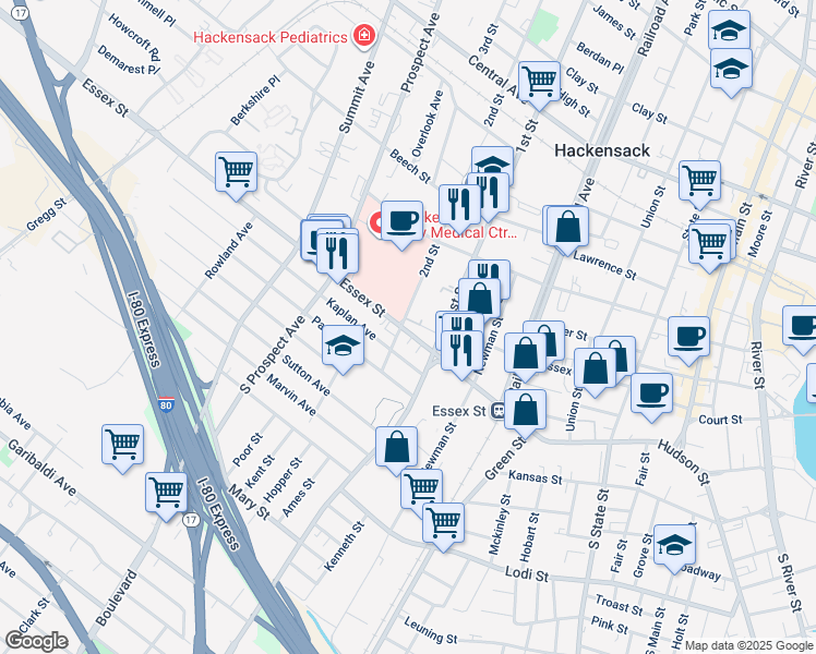 map of restaurants, bars, coffee shops, grocery stores, and more near 30 2nd Street in Hackensack