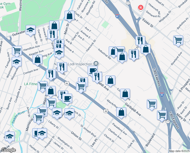 map of restaurants, bars, coffee shops, grocery stores, and more near 8 Mill Street in Lodi