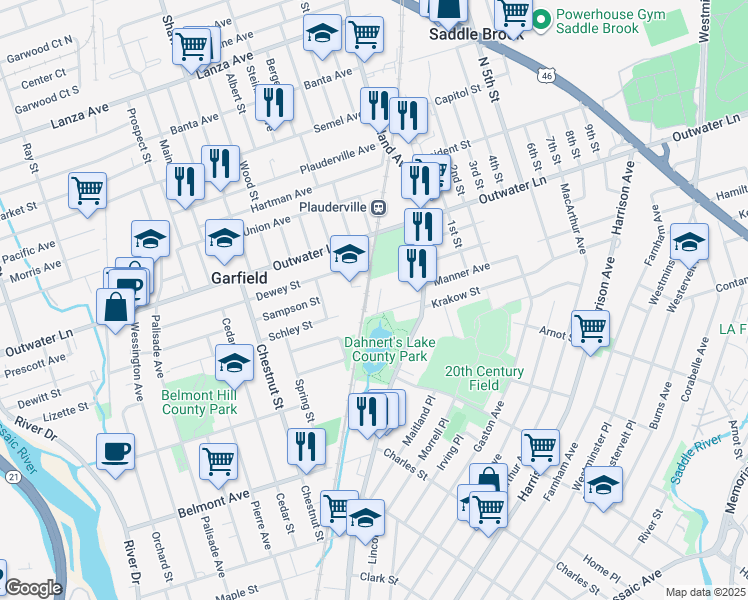 map of restaurants, bars, coffee shops, grocery stores, and more near 24 Dahnert Park Lane in Garfield