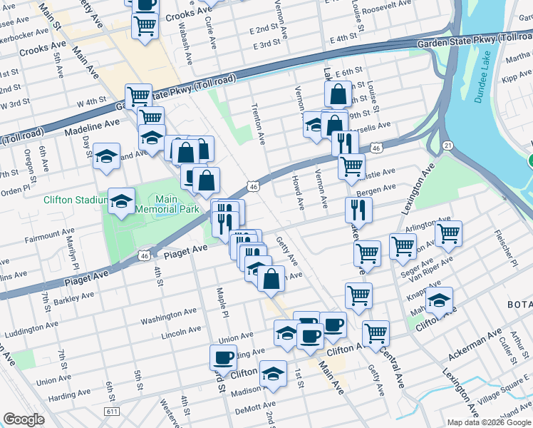 map of restaurants, bars, coffee shops, grocery stores, and more near 205 Trenton Avenue in Paterson