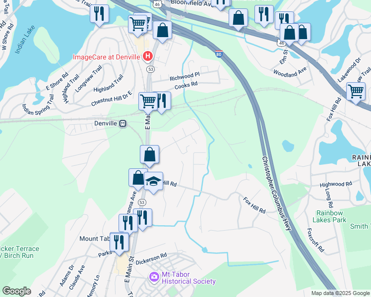 map of restaurants, bars, coffee shops, grocery stores, and more near 61 Manor Road in Denville