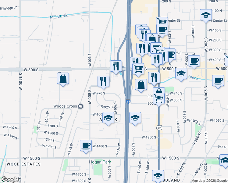 map of restaurants, bars, coffee shops, grocery stores, and more near 635 South 700 West in Woods Cross