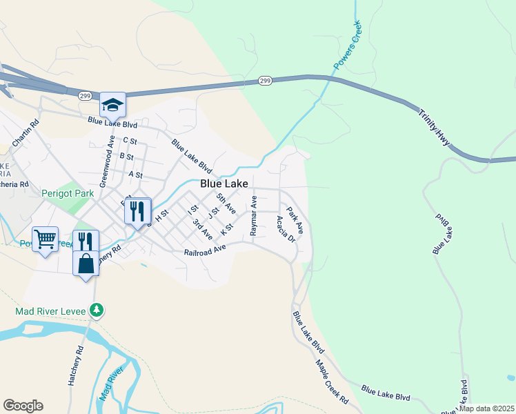 map of restaurants, bars, coffee shops, grocery stores, and more near 103 Raymar Avenue in Blue Lake
