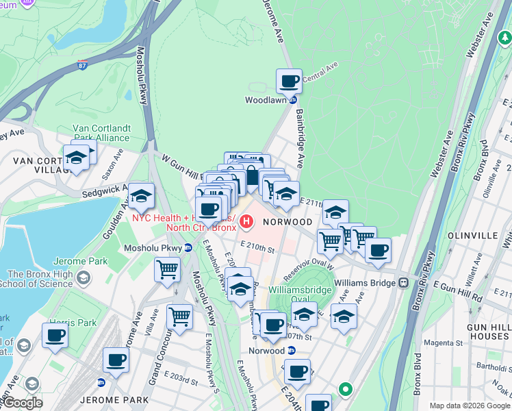map of restaurants, bars, coffee shops, grocery stores, and more near in The Bronx