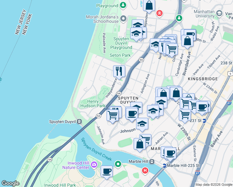 map of restaurants, bars, coffee shops, grocery stores, and more near 2715 Henry Hudson Parkway West in Bronx