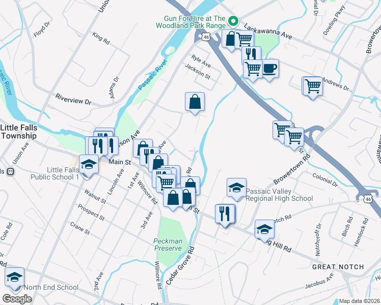 map of restaurants, bars, coffee shops, grocery stores, and more near 79 Turnberry Road in Little Falls