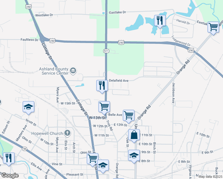 map of restaurants, bars, coffee shops, grocery stores, and more near 1491 Troy Road in Ashland